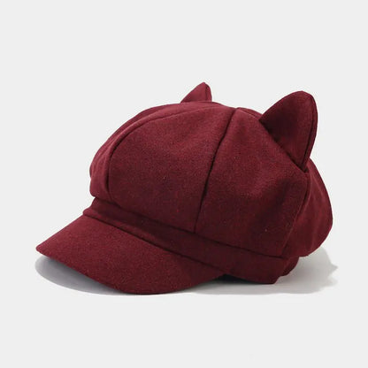 Women's Cat Ear Beret - Vintage Newsboy Octagonal Cap for Winter | Cute Painter-Style Hat