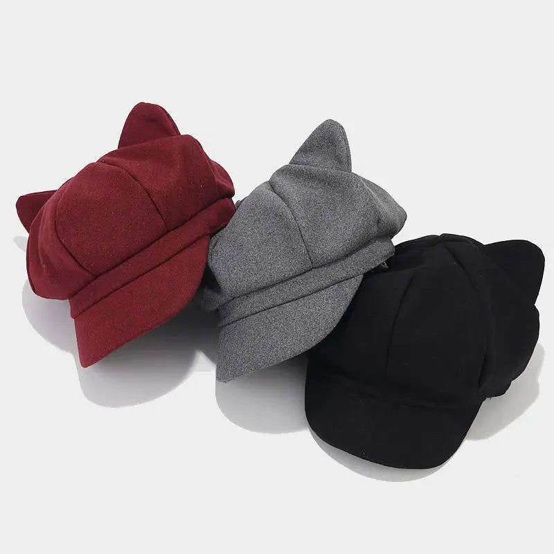 Women's Cat Ear Beret - Vintage Newsboy Octagonal Cap for Winter | Cute Painter-Style Hat