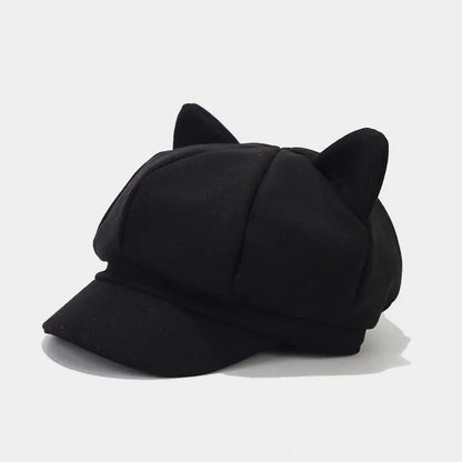 Women's Cat Ear Beret - Vintage Newsboy Octagonal Cap for Winter | Cute Painter-Style Hat