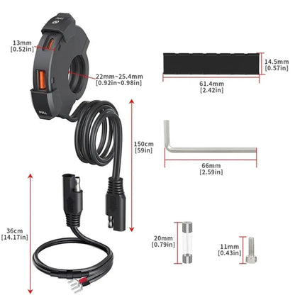 Motorcycle USB Charger QC3.0 Handlebar Fast Charging 12/24V Waterproof Handlebar Mounting Bracket Camera Phone Charger