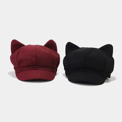 Women's Cat Ear Beret - Vintage Newsboy Octagonal Cap for Winter | Cute Painter-Style Hat