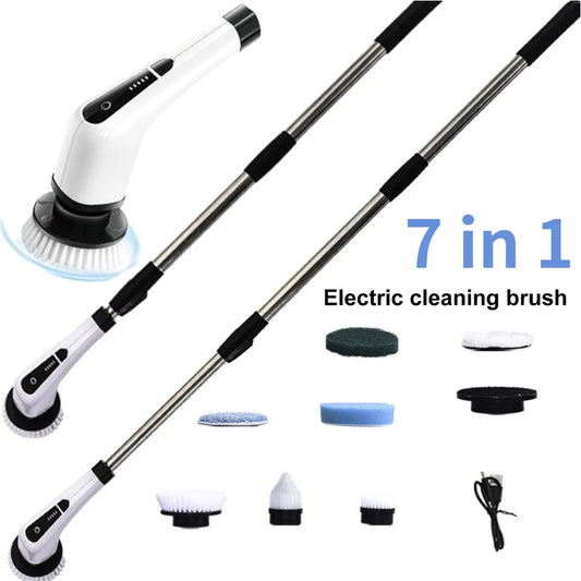 7 In 1 Cordless Power Scrubber Multipurpose Electric Spin Cleaner with 8 Replacement Brush Heads Rotatable for Bathroom Tub Tile