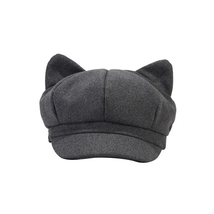 Women's Cat Ear Beret - Vintage Newsboy Octagonal Cap for Winter | Cute Painter-Style Hat