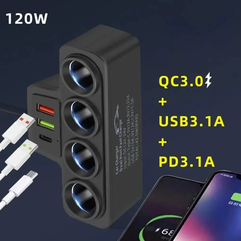 PD QC3.0 Dual USB Socket 120W Car Cigarette Lighter Splitter 12V 24V Fast Charger Plug Phone Power Adapter for Car DVR Dashcam