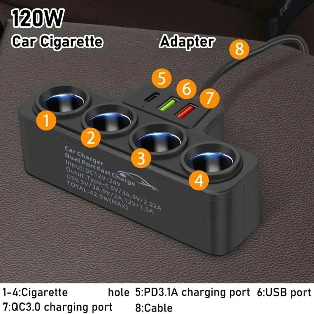 PD QC3.0 Dual USB Socket 120W Car Cigarette Lighter Splitter 12V 24V Fast Charger Plug Phone Power Adapter for Car DVR Dashcam