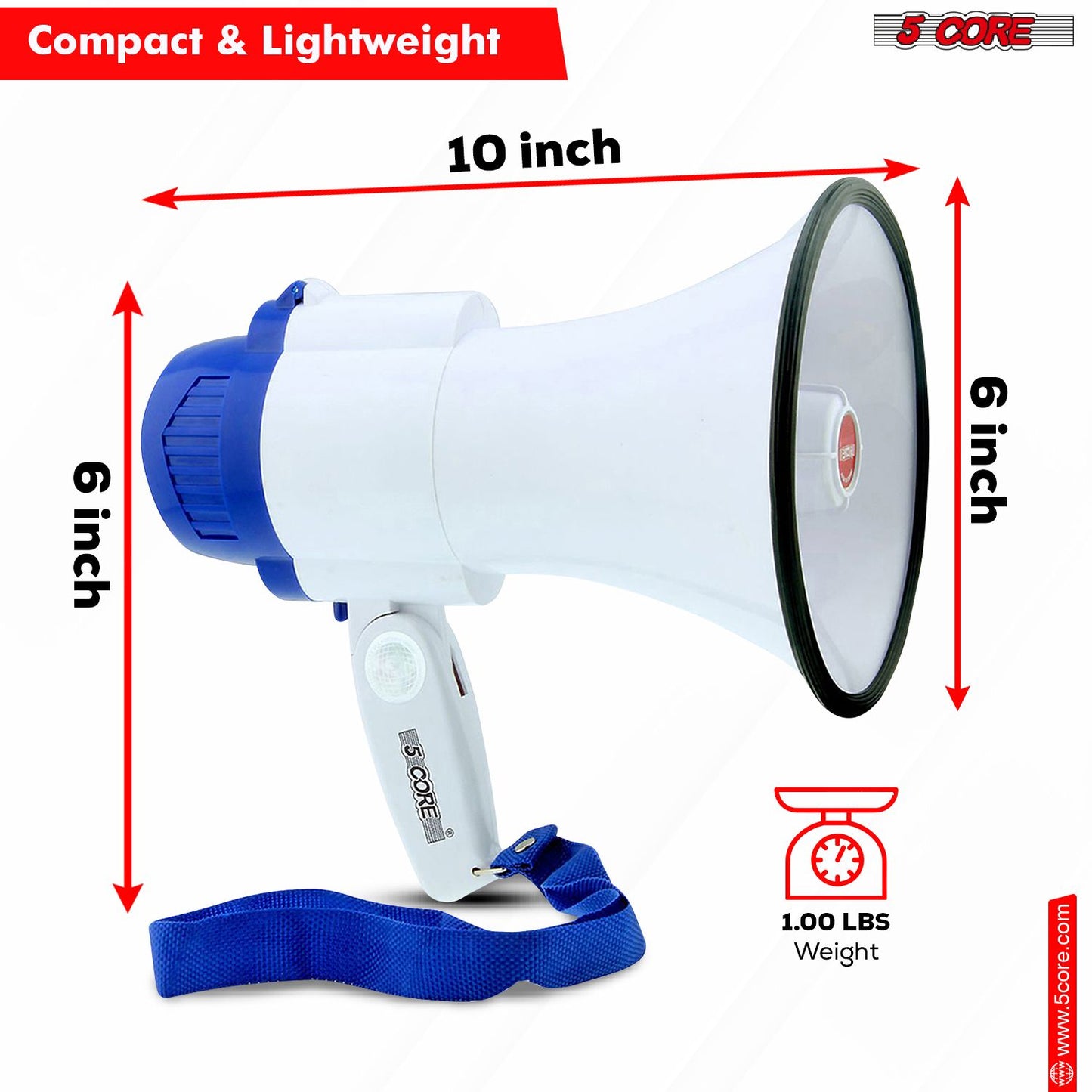 5 Core Megaphone Bullhorn Speaker 30W Bull Horn Battery Power Mini Cheer Megafono 800 Feet Range Loudspeaker W Siren Recording Ergonomic Handle for Coaches Football Baseball Cheerleading - 8R