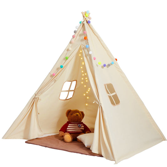 VEVOR Kids Play Tent, Teepee Tent for Kids 1-5 Years Old, Tent for Kids with Windows for Indoor and Outdoor, Toddler Tent with Mat and Plush Decorative Balls, for Boys and Girls, Beige