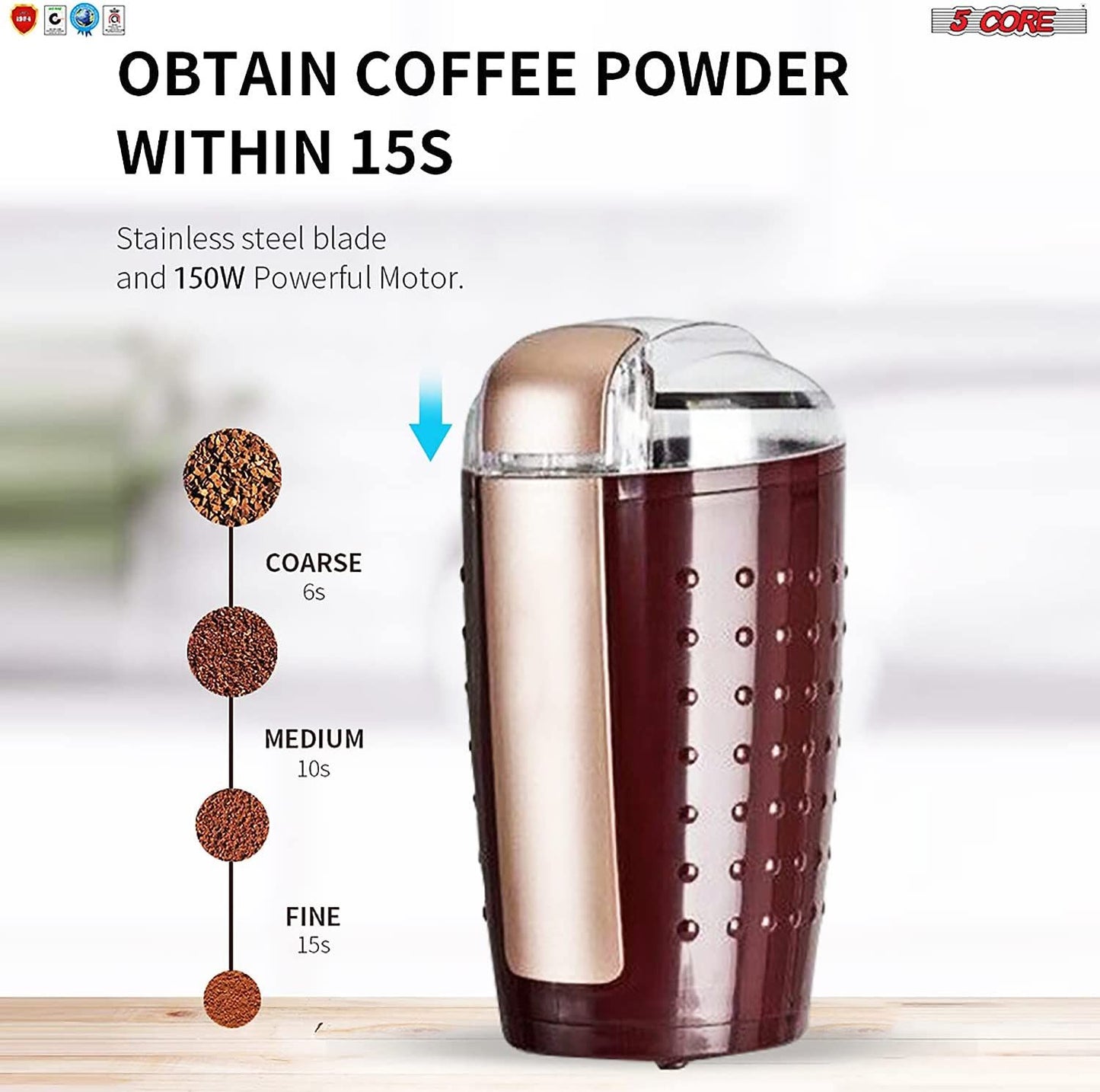 5 Core 2 Pack Coffee Grinder 5 Ounce Electric Large Portable Compact 150W Spice Grinder Perfect for Spices, Dry Herbs Grinds Course Fine Ground Beans for 12 Cups Coffee Black & Brown