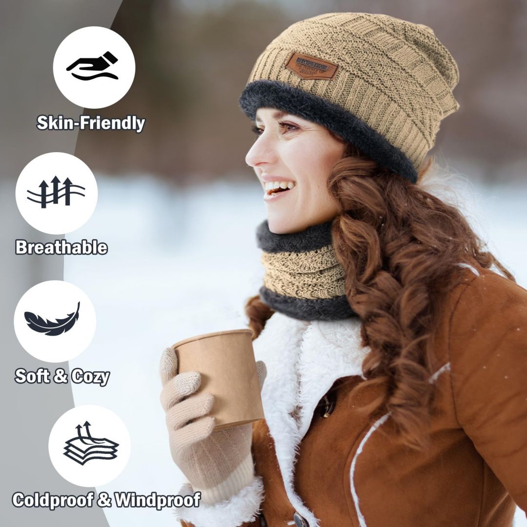 3-Pieces Winter Hat Gloves Scarf Set, Knit Warm Beanie Hat Neck Warmer Touch Screen Mittens for Women and Men, Great Christmas Gift