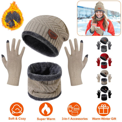 3-Pieces Winter Hat Gloves Scarf Set, Knit Warm Beanie Hat Neck Warmer Touch Screen Mittens for Women and Men, Great Christmas Gift