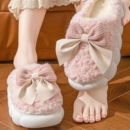 Winter Warm Fur Slippers For Women Cute Bow House Non Slip Soft Shoes Comfort Flat Heel Home Indoor Bedroom Plush Slippers