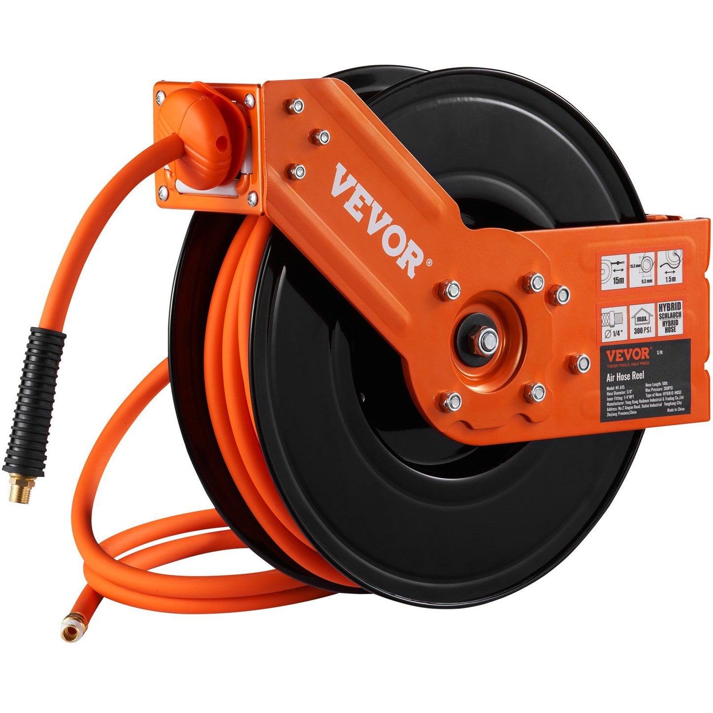 VEVOR Retractable Air Hose Reel, 3/8 IN x 50 FT Hybrid Air Hose Max 300PSI, Air Compressor Hose Reel with 5 ft Lead in, Ceiling / Wall Mount Heavy Duty Double Arm Steel Reel