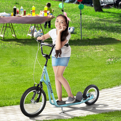 Aosom Youth Scooter, Teens Kick Scooter, Adjustable Handlebar Ride On Toy for 5+ with 16" Front and 12" Rear Dual Brakes Inflatable Wheels, Blue