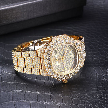 Full Diamond Hip Hop Calendar Luminous Quartz Waterproof Business Men's Gold Watch