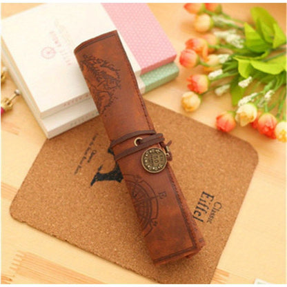 2pcs Vintage Treasure Map Pencil Pouch: 1pc PU Leather Roll-up Pen Bag for Cosmetic & Stationery Storage in Office & School Supplies