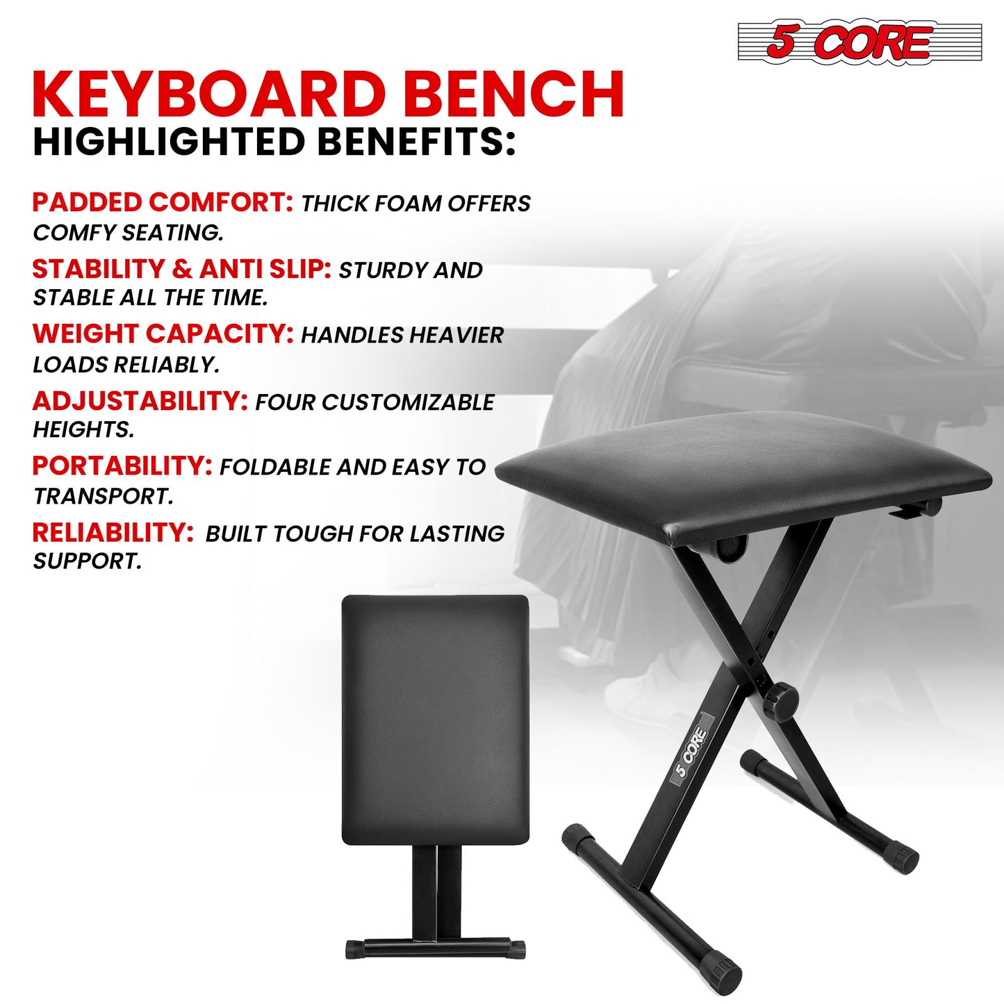 5 Core Keyboard Bench X Style Piano Stool Padded Adjustable Keyboards Chair - KBB 02 BLK