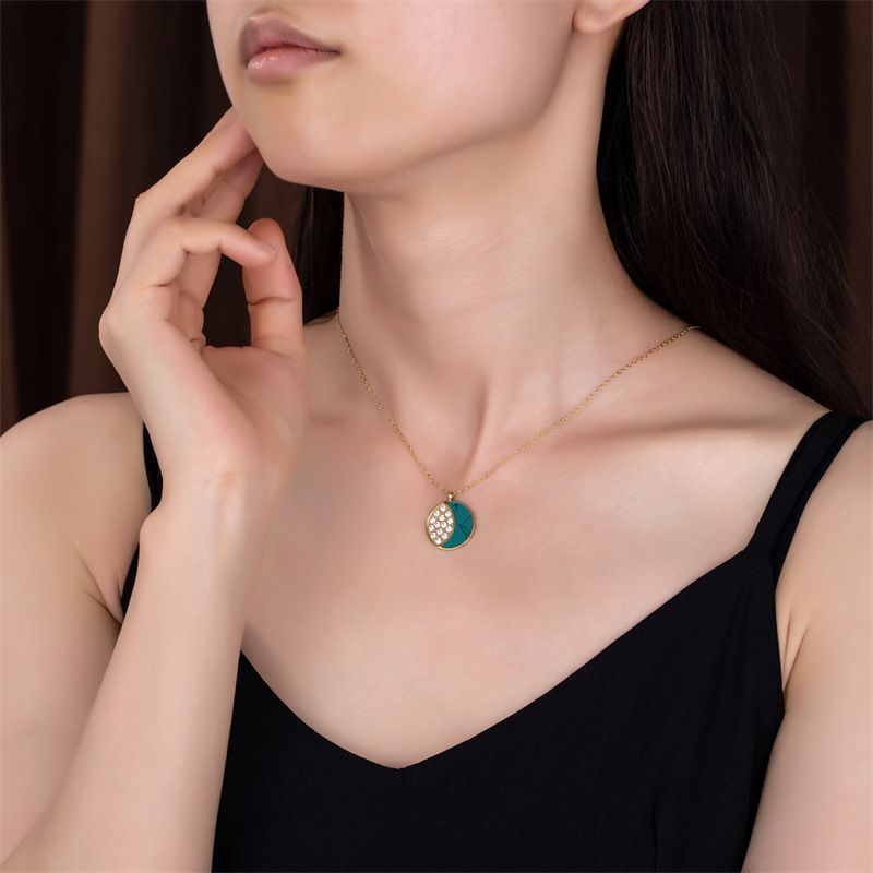 Fashion Turquoise Moon Styling Inset Zircon Gold Necklace Accessories