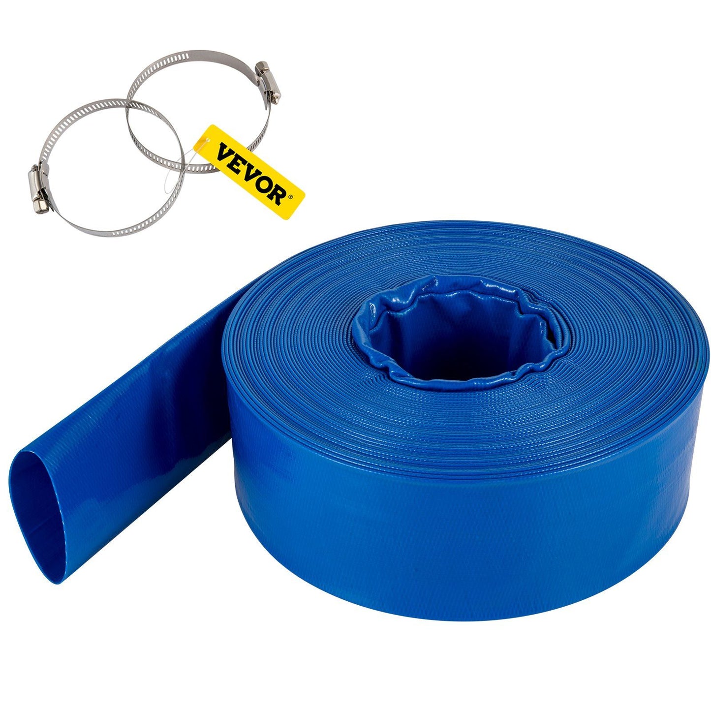 VEVOR Discharge Hose, 2" x 105', PVC Fabric Lay Flat Hose, Heavy Duty Backwash Drain Hose with Clamps, Weather-proof & Burst-proof, Ideal for Swimming Pool & Water Transfer, Blue