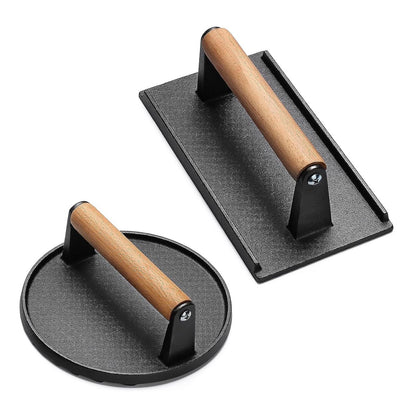 2Pcs Cast Iron Grill Press Pre-Seasoned Steak Weights Smash Burger Press Bacon Meat Smasher with Wood Handle 7in Round & 8.2x4.25in Rectangular Grill Press