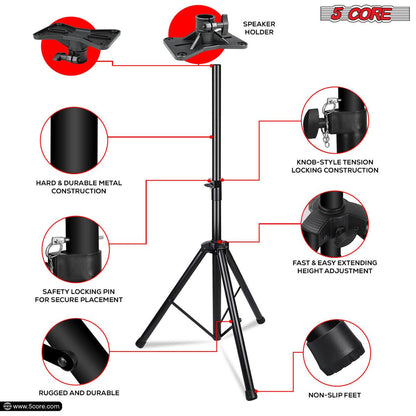 5 Core Speaker Stand Tripod Floor Heavy Duty Adjustable Up to 72 Inch DJ Studio Monitor Stands Pole Mount - SS HD BLK WOB