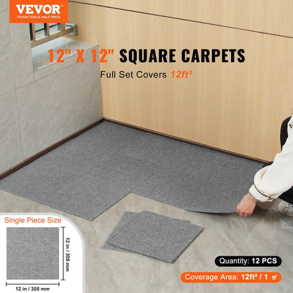 VEVOR Carpet Tiles Peel and Stick, 12' x 12' Squares Self Adhesive Carpet Floor Tile, Soft Padded Carpet Tiles, Easy Install DIY for Bedroom Living Room Indoor Outdoor (12 Tiles, Light Gray)