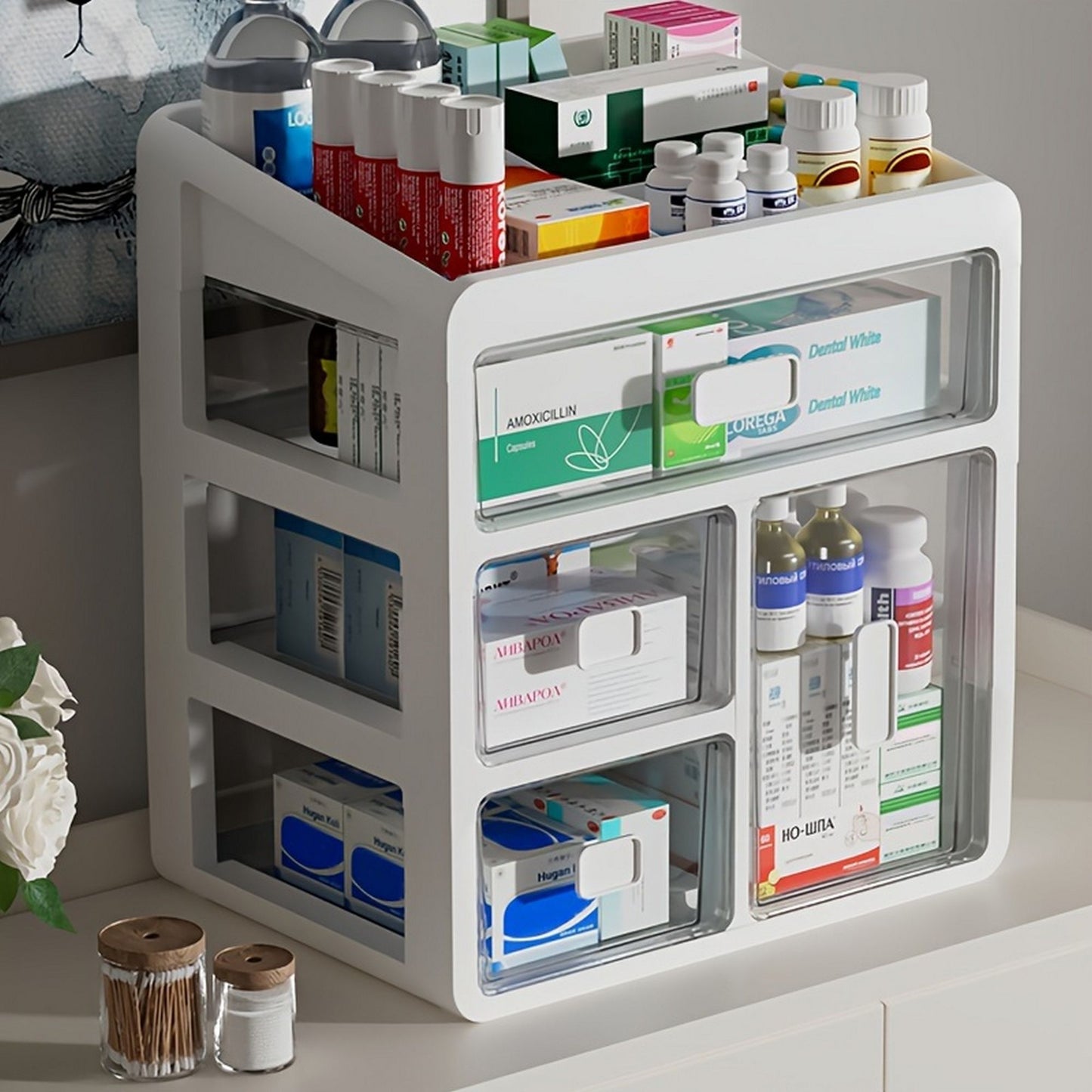 Large capacity family medicine box - spacious storage space with easy to access drawers, orderly classification, sturdy multi-layer structure, suitable for medical and drug storage