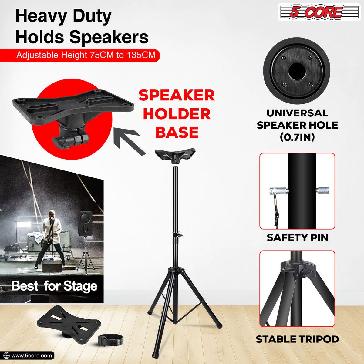 5 Core Speaker Stand Tripod Floor Heavy Duty Adjustable Up to 72 Inch DJ Studio Monitor Stands Pole Mount - SS HD BLK WOB