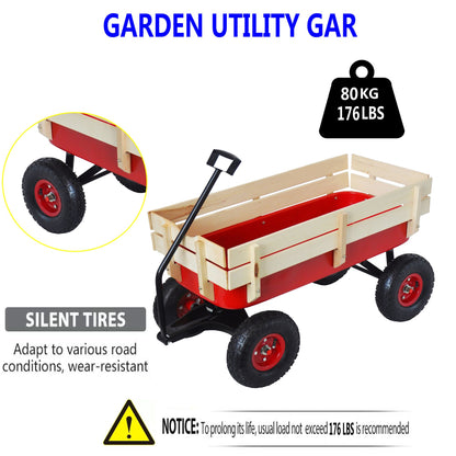 Outdoor station wagon all-terrain pull wooden railing pneumatic tire children's garden (red)