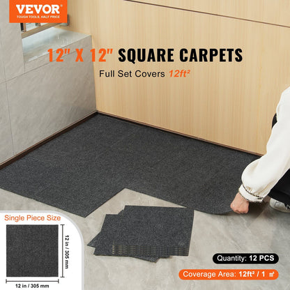 VEVOR Carpet Tiles Peel and Stick, 12' x 12' Squares Self Adhesive Carpet Floor Tile, Soft Padded Carpet Tiles, Easy Install DIY for Bedroom Living Room Indoor Outdoor (12 Tiles, Dark Gray)