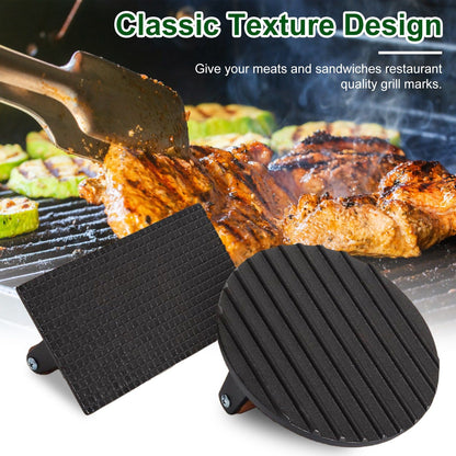 2Pcs Cast Iron Grill Press Pre-Seasoned Steak Weights Smash Burger Press Bacon Meat Smasher with Wood Handle 7in Round & 8.2x4.25in Rectangular Grill Press