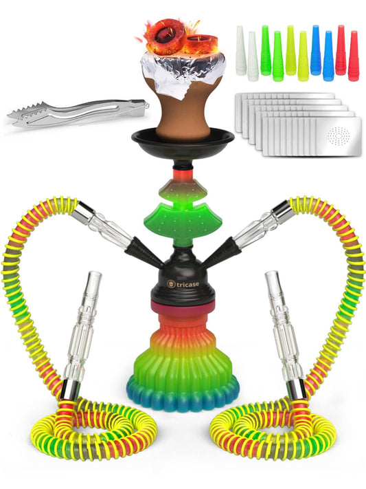 Rasta Hookah Set 2 Hose Hookah LilOne 12 inch Colorful Hookah 2 Hose Hookah Set with 50x Foil Hookah Bowl 10x Tips 2x Mouthpiece 2x Colorful Hose with Tongs Portable Hookah Set With Everything