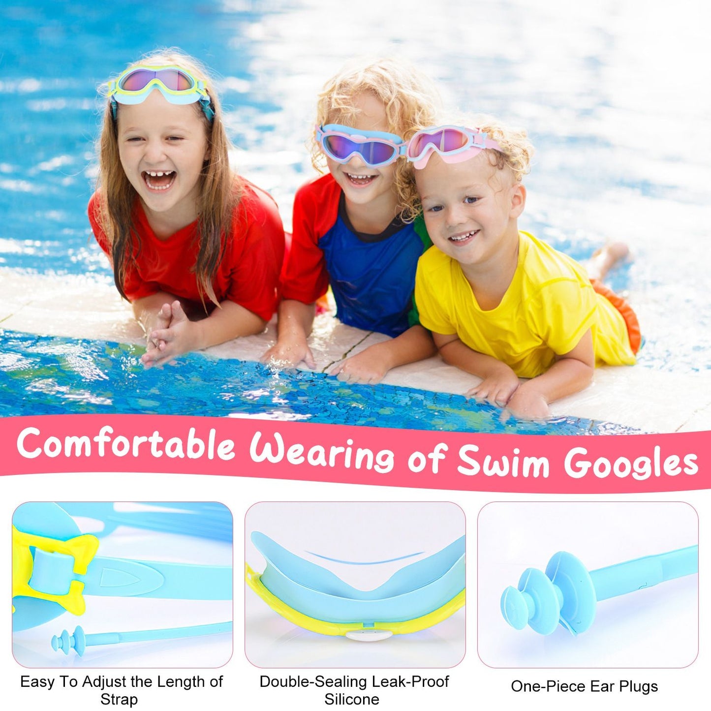 Kids Swim Goggles With Ear Plugs UV Protection Anti-Fog Leak Proof Wide View Pool Swimming Goggles For Youth Boys Girls Aged 3-16 Years Old Summer Beach Water Park