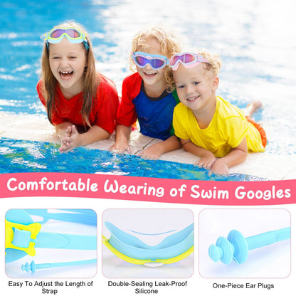 Kids Swim Goggles With Ear Plugs UV Protection Anti-Fog Leak Proof Wide View Pool Swimming Goggles For Youth Boys Girls Aged 3-16 Years Old Summer Beach Water Park