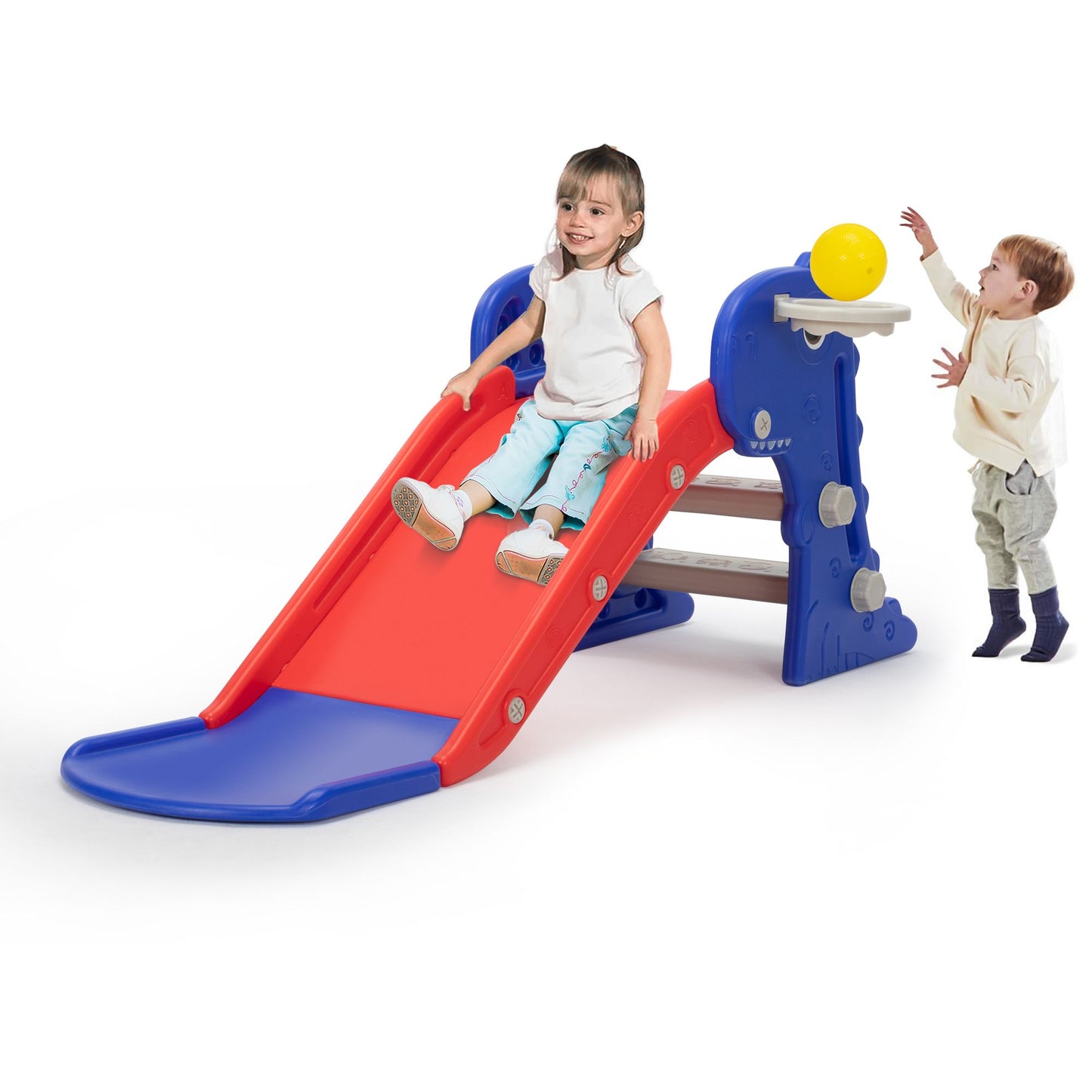 3 in 1 Freestanding Toddler Slide;  Indoor Outdoor Playground with Basketball Hoop and Ball for Kids Under 3 Years