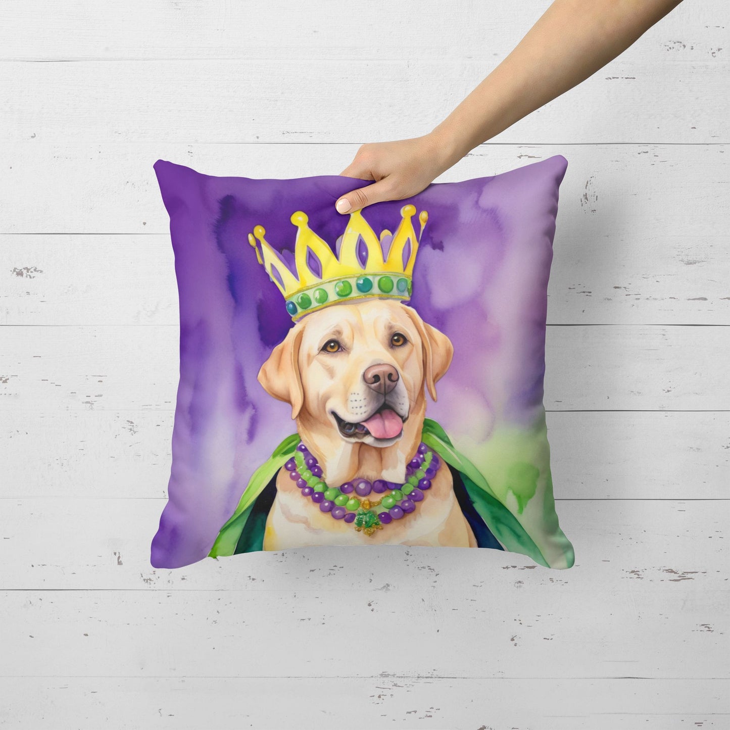 Labrador Retriever King of Mardi Gras Throw Pillow Machine Washable, Indoor Outdoor Decorative Pillow for Couch, Bed or Patio, 18Hx18W