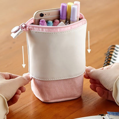 Pencil Telescopic Holder Stationery Case, PU Corduroy Pen Pencil Telescopic Holder Stationery Case Organizer Great For Makeup Cosmetics Pouch Zipper Retractable Pen Bag