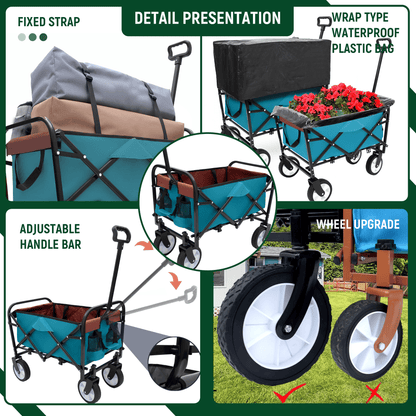 Collapsible Foldable Wagon Cart with strapping system Beach Wagon Utility Cart Utility Wagon Grocery Cart for for Camping Shopping Sports Gardeing Fishing Supports 225lbs All-Terrain Wheels Cyan