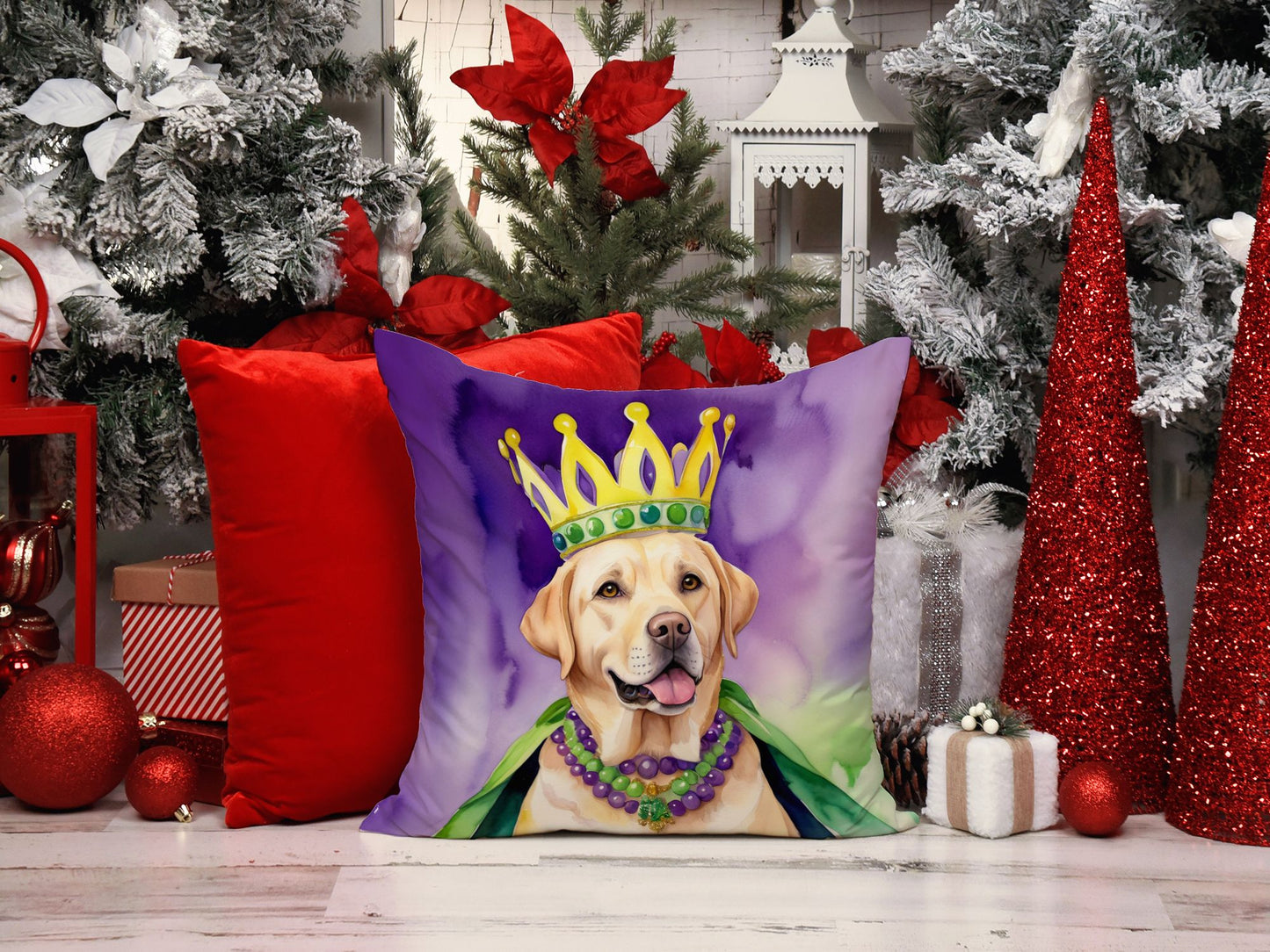 Labrador Retriever King of Mardi Gras Throw Pillow Machine Washable, Indoor Outdoor Decorative Pillow for Couch, Bed or Patio, 18Hx18W