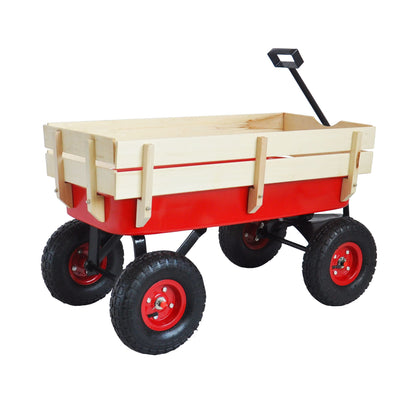 Outdoor station wagon all-terrain pull wooden railing pneumatic tire children's garden (red)