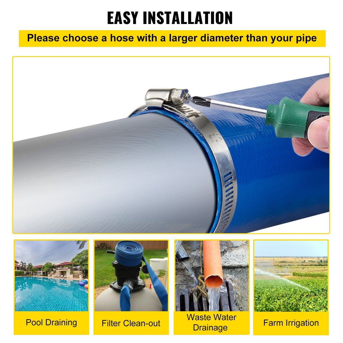 VEVOR Discharge Hose, 2" x 105', PVC Fabric Lay Flat Hose, Heavy Duty Backwash Drain Hose with Clamps, Weather-proof & Burst-proof, Ideal for Swimming Pool & Water Transfer, Blue