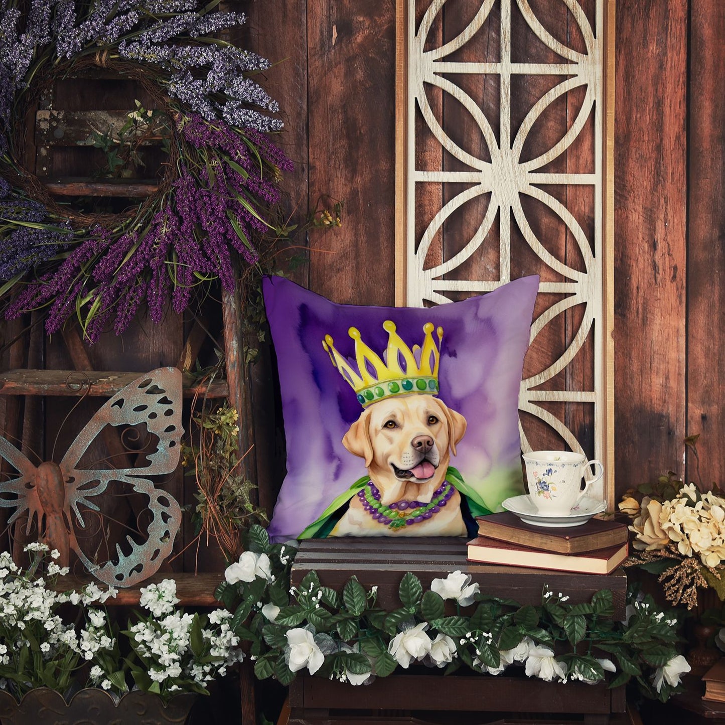 Labrador Retriever King of Mardi Gras Throw Pillow Machine Washable, Indoor Outdoor Decorative Pillow for Couch, Bed or Patio, 18Hx18W