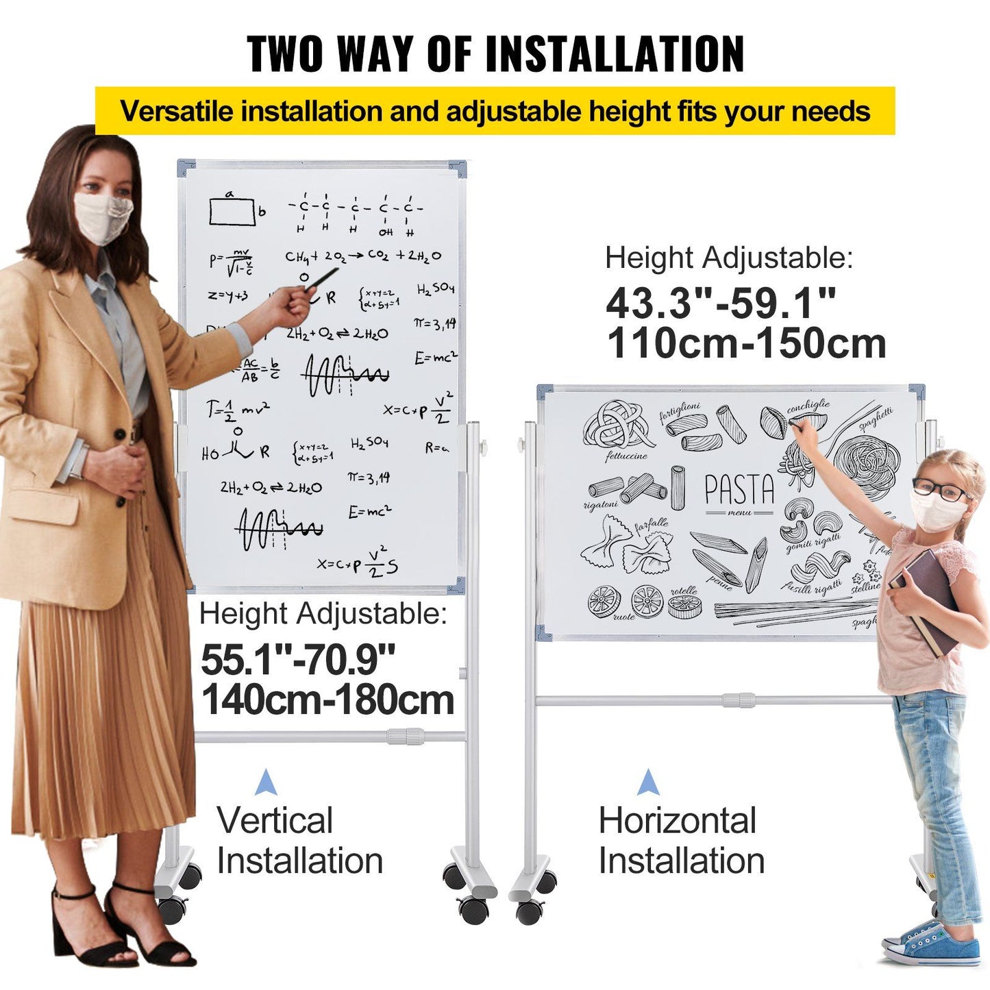 VEVOR Mobile Magnetic Whiteboard, 36 x 24 Inch, Double Sided, 360 Degree Reversible Rolling Dry Erase Board, Height Adjustable with Aluminum Frame and Lockable Swivel Wheels, for Office School Home