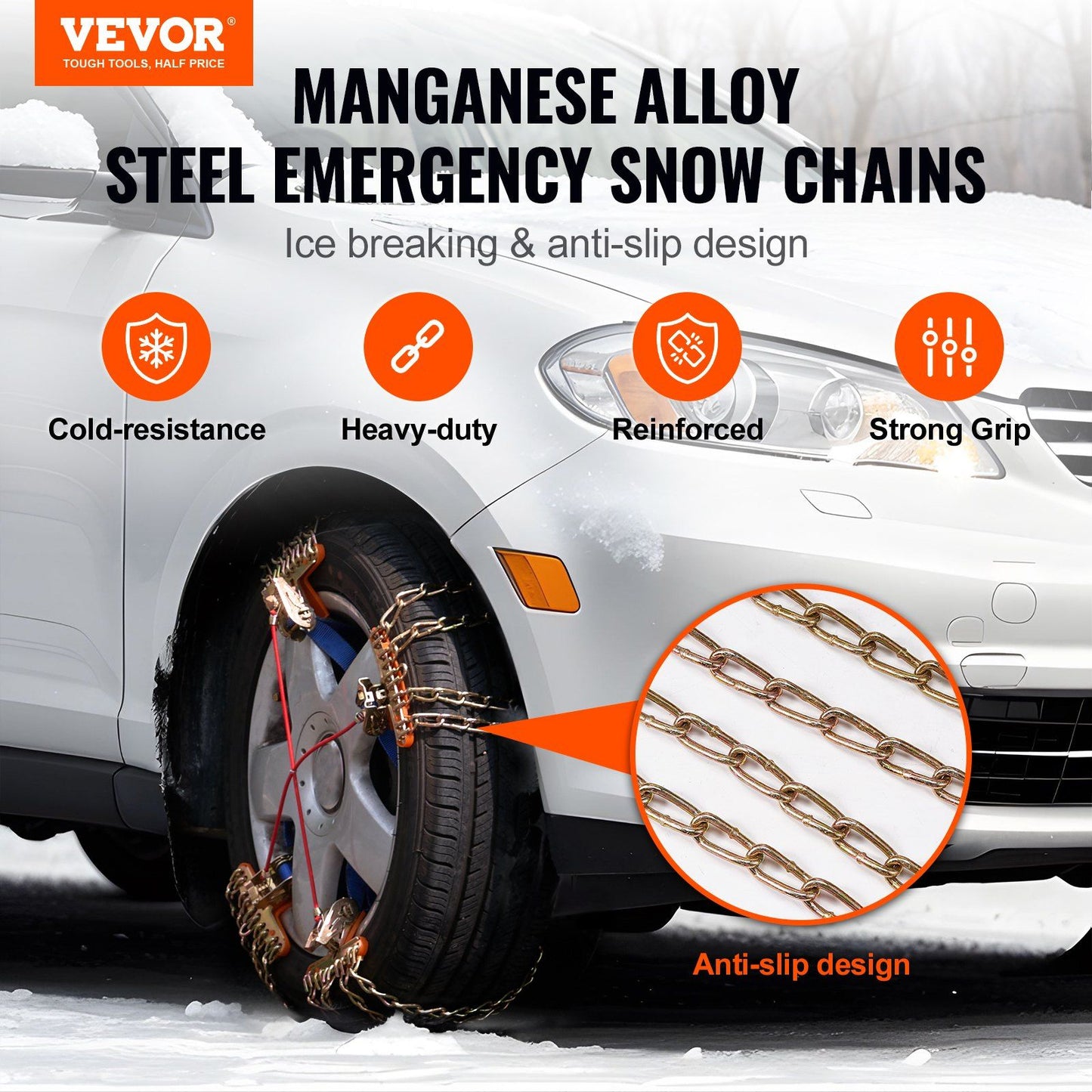 VEVOR 16 PCS Snow Chains Tire Width 8-8.8 in/205-225 mm for Car/Pickup/SUV/Truck