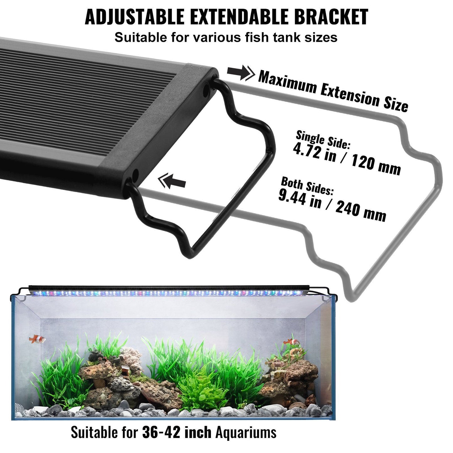 VEVOR Aquarium Light, 36W Full Spectrum Fish Tank Light with 24/7 Natural Mode, Adjustable Timer & 5-Level Brightness, with Aluminum Alloy Shell Extendable Brackets for 36"-42" Freshwater Planted Tank