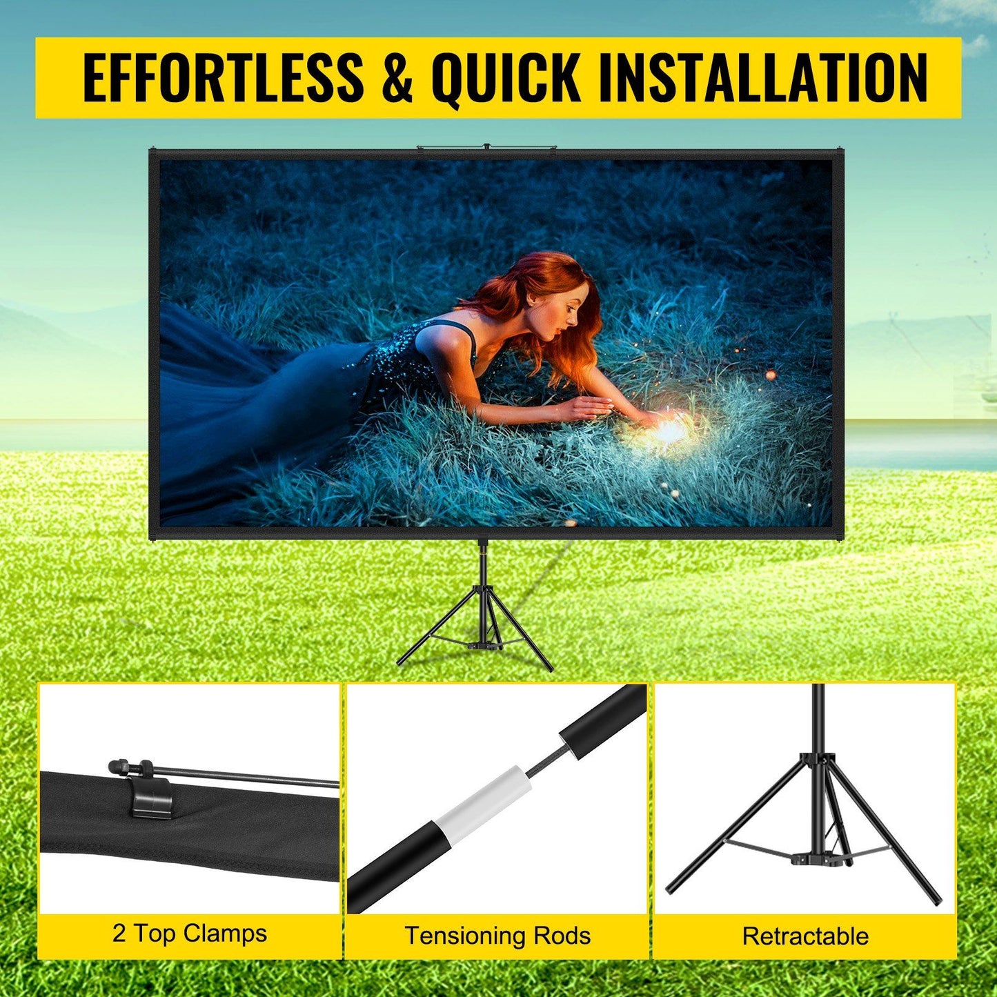 VEVOR Tripod Projector Screen with Stand 100inch 16:9 4K HD Projection Screen Stand Wrinkle-Free Height Adjustable Portable Screen for Projector Indoor & Outdoor for Movie, Home Cinema, Gaming, Office