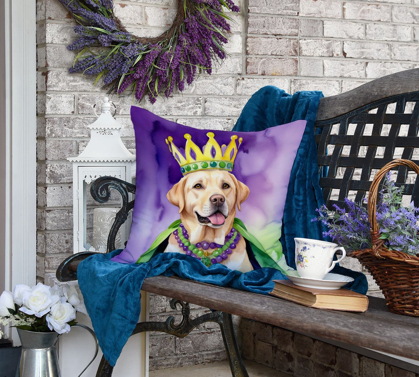 Labrador Retriever King of Mardi Gras Throw Pillow Machine Washable, Indoor Outdoor Decorative Pillow for Couch, Bed or Patio, 18Hx18W