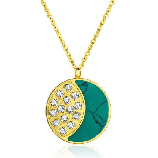 Fashion Turquoise Moon Styling Inset Zircon Gold Necklace Accessories