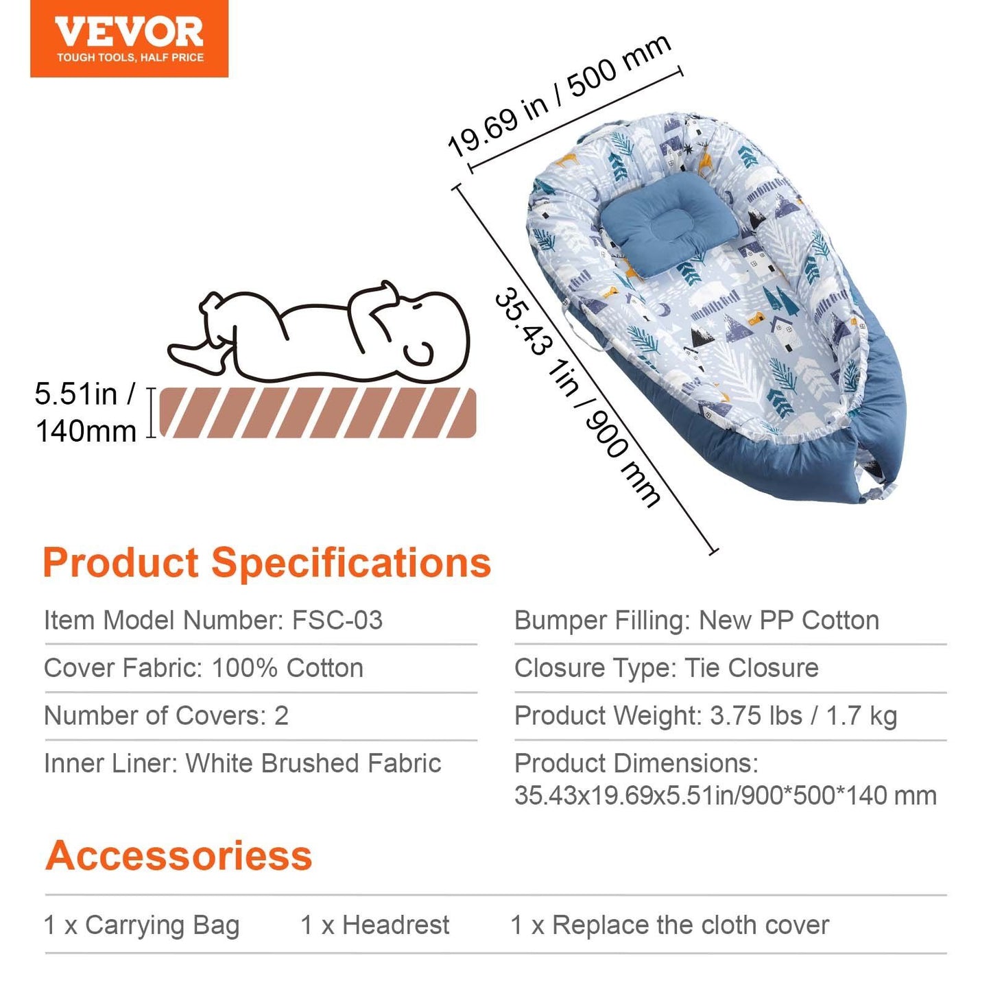 VEVOR Baby Lounger 100% Cotton Newborn Nest Sleeper with Headrest and 2 Covers