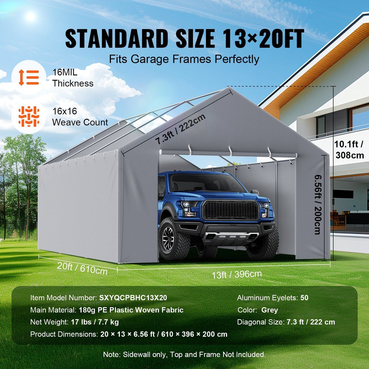 VEVOR Carport Replacement Canopy Cover Side Wall 13 x 20 ft, Garage Tent Shelter Tarp Heavy-Duty Waterproof & UV Protected, Easy Installation with Ball Bungees,Grey (Top and Frame Not Included)