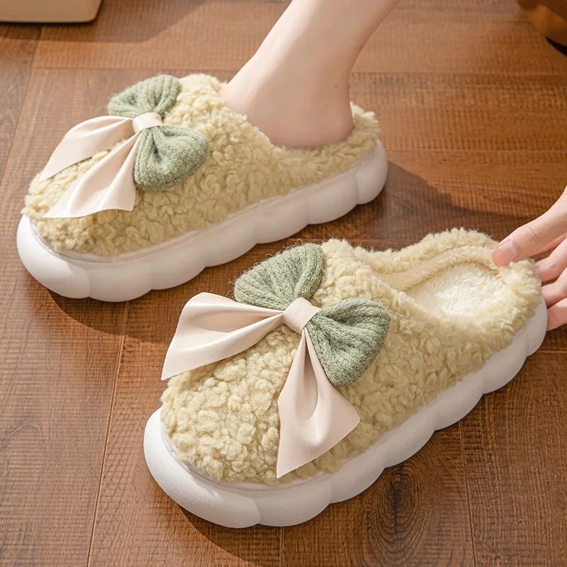 Winter Warm Fur Slippers For Women Cute Bow House Non Slip Soft Shoes Comfort Flat Heel Home Indoor Bedroom Plush Slippers